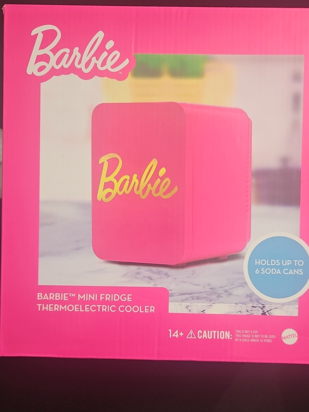 Barbie Hot Pink Mini Fridge with Yellow Logo